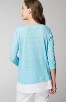 Layered-Hem Mixed-Media Linen Tunic