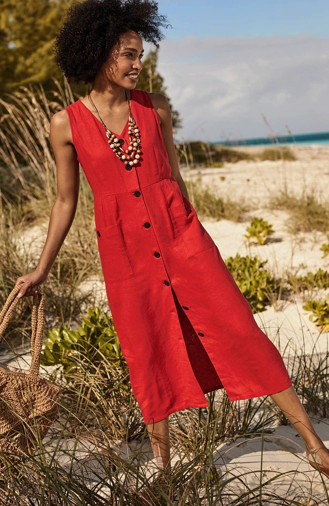 Linen-Blend V-Neck Button-Front Dress