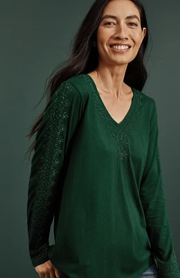 metallic-embroidered v-neck top