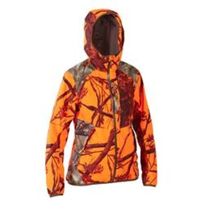 VESTE CHASSE FEMME IMPERMEABLE SILENCIEUSE CAMOUFLAGE FLUO 500