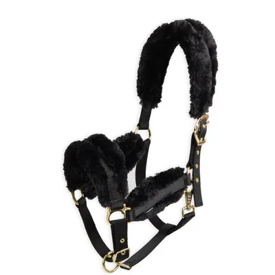 Horse Riding Synthetic Sheepskin Halter - Black/Gold