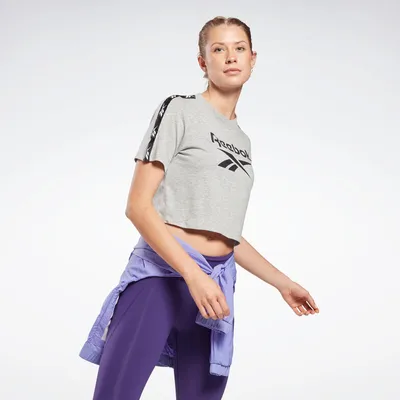 T-shirt fitness manches courtes crop top coton col rond femme gris chiné