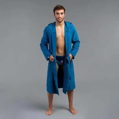 Peignoir homme bleu foncé compact et microfibre avec capuche, poches ceinture