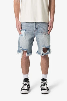 MNML Distressed Spider Denim Shorts Light Blue