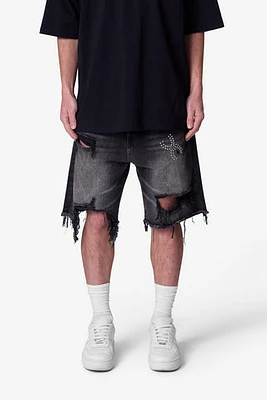 MNML Distressed Spider Denim Shorts Washed Black