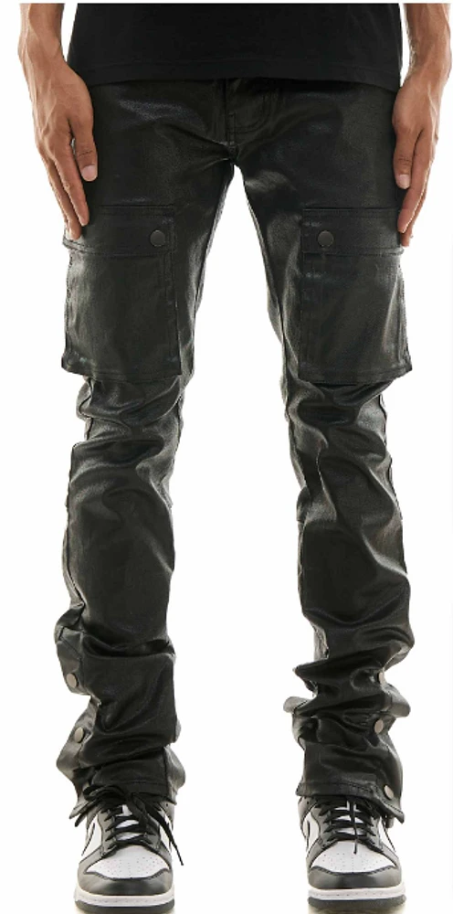 KDNK JEANS KNB3396 BLACK WAXED SNAP CARGO PANTS