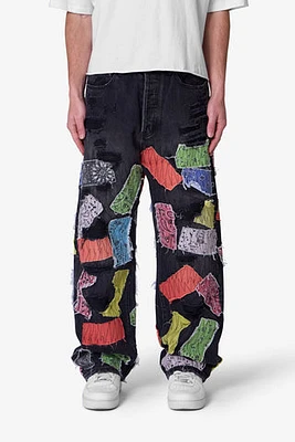 MNML Ultra Baggy Bandana Patch Denim Washed Black