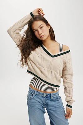 Varsity V-Neck Crop Cable Sweater