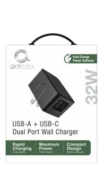 Quikcell DUAL PORT WALL CHARGER 1 USB A 12W + USB C PD 20W - 32W