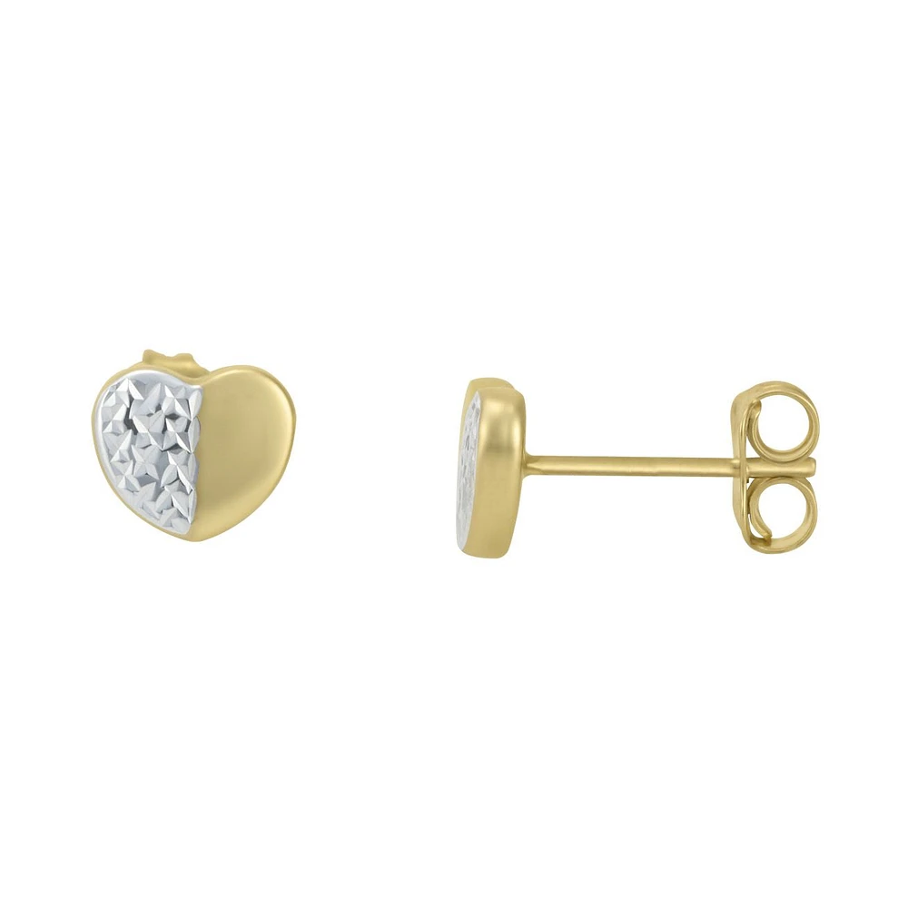 ARETES BROQUELES CORAZÓN ORO AMARILLO Y BLANCO 14K PULIDO TEXTURIZADO