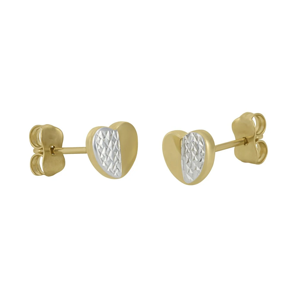 ARETES BROQUELES CORAZÓN ORO AMARILLO Y BLANCO 14K PULIDO TEXTURIZADO