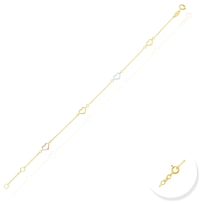 PULSERA DAMA CORAZONES ORO BLANCO ROSA Y AMARILLO 14K