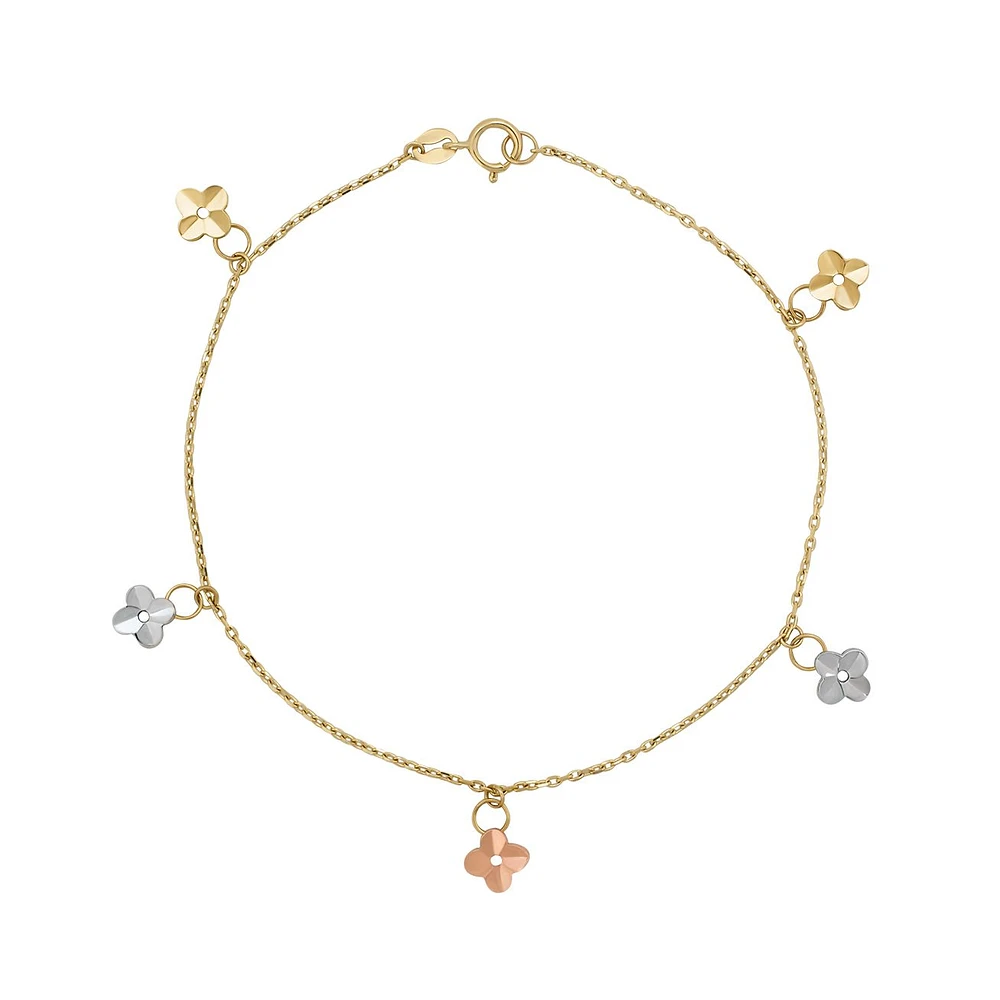 PULSERA DAMA FLORES ORO AMARILLO, BLANCO Y ROSA 14K