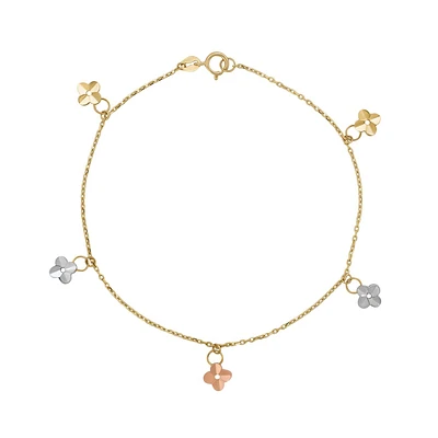 PULSERA DAMA FLORES ORO AMARILLO, BLANCO Y ROSA 14K