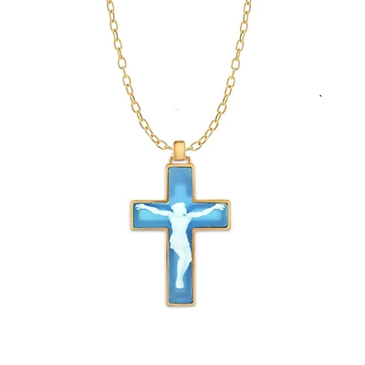 CRUZ MANTO SAGRADO CON CADENA  PLATA .925 CHAPA DE ORO 18K CON AGATA AZUL