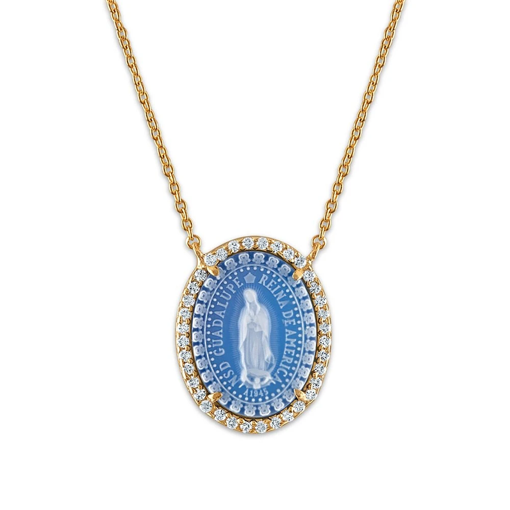 MEDALLA HALO VIRGEN DE GUADALUPE CON CADENA PLATA .925 CHAPA DE ORO 18K