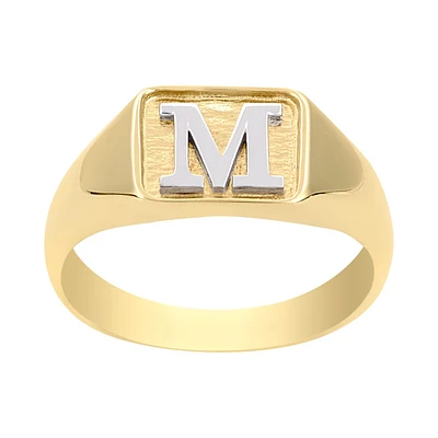 ANILLO CABALLERO JAN INICIAL M ORO AMARILLO Y BLANCO 14K ACABADO BRILLANTE Y PLATINADO