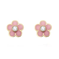 BROQUELES FLOR ORO 14K CON 2 PUNTOS DE DIAMANTE Y ESMALTE ROSA