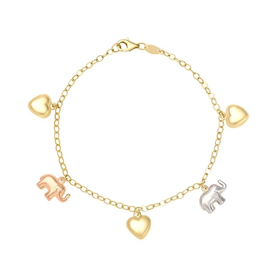 PULSERA ELEFANTES Y CORAZONES ORO BLANCO AMARILLO Y ROSA 14K