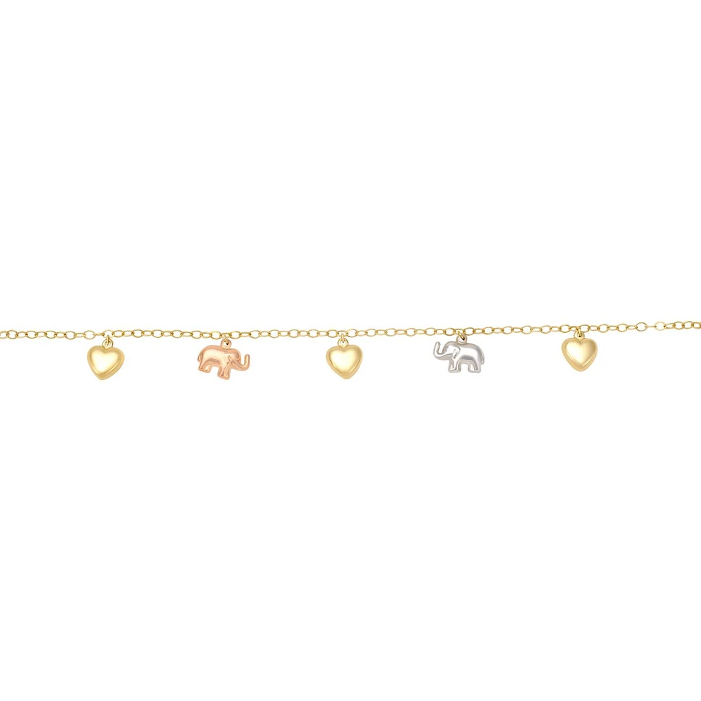 PULSERA ELEFANTES Y CORAZONES ORO BLANCO AMARILLO Y ROSA 14K