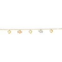 PULSERA ELEFANTES Y CORAZONES ORO BLANCO AMARILLO Y ROSA 14K