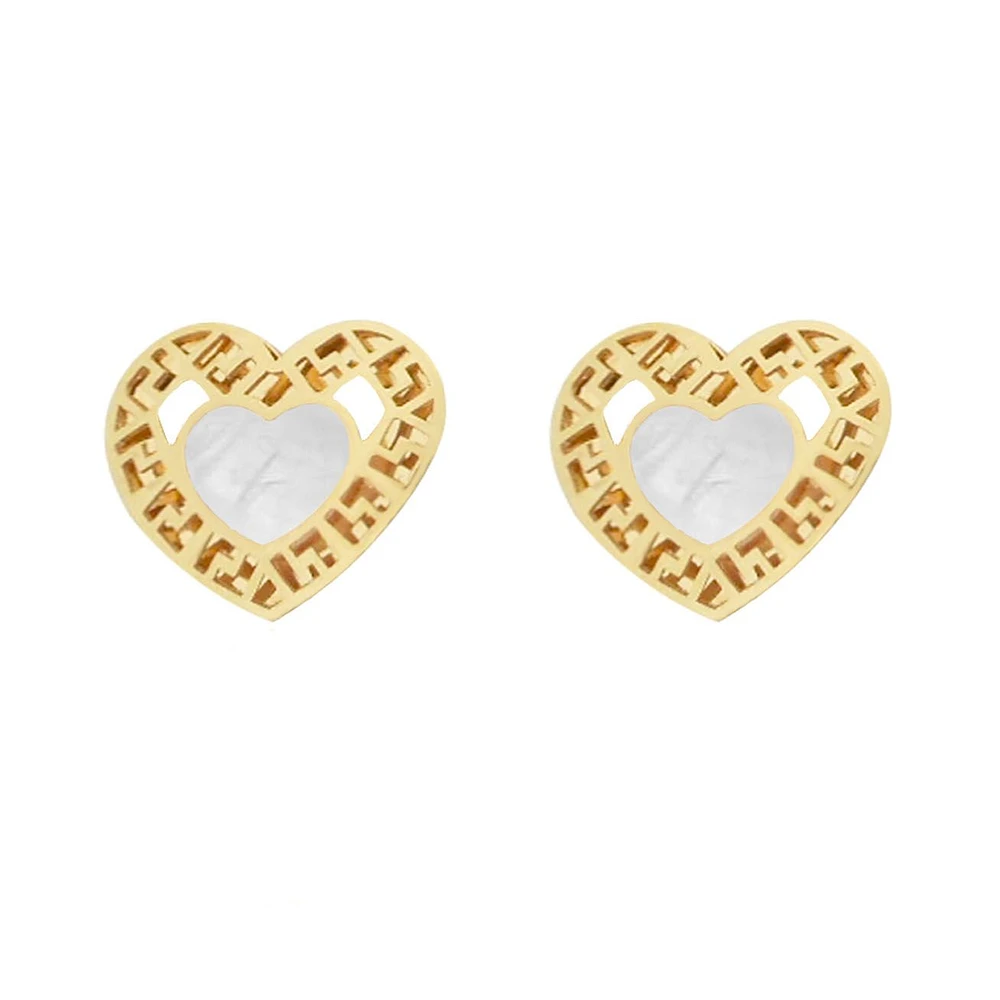 ARETES BROQUELES CORAZON CON MADRE PERLA BLANCA ORO 14K