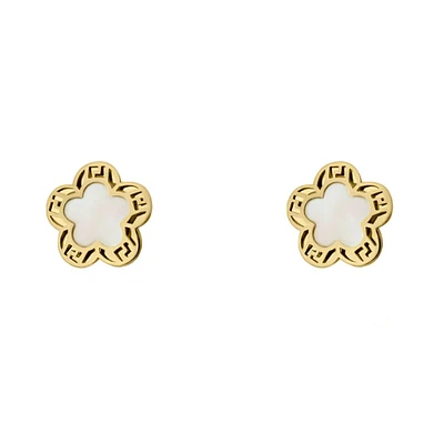 ARETES BROQUELES FLOR CON MADRE PERLA BLANCA ORO 14K