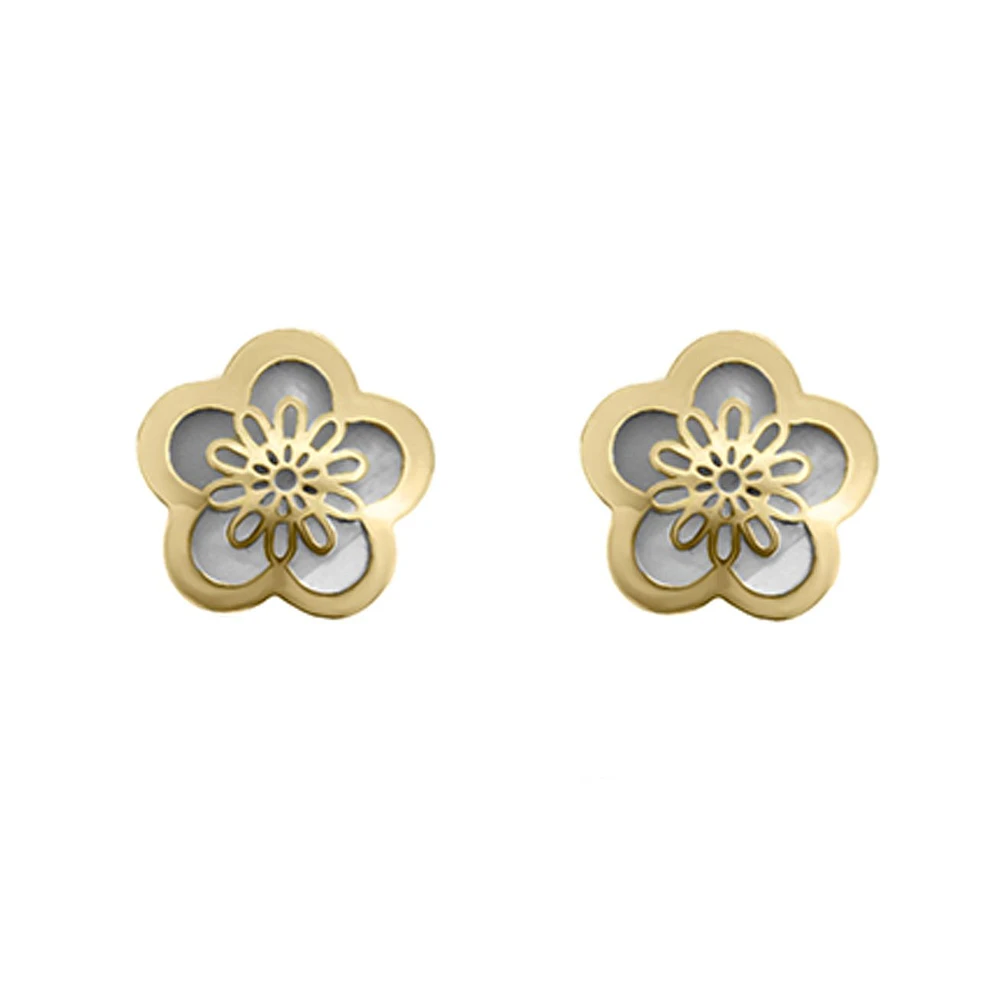 ARETES BROQUELES FLOR CON MADRE PERLA ORO 14K