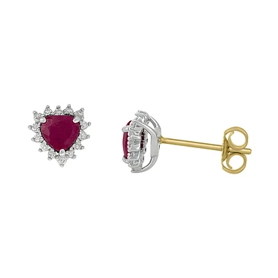 ARETES ORO BLANCO Y AMARILLO 14K CON 9 PUNTOS DE DIAMANTE Y RUBI CORTE CORAZON