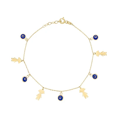 PULSERA CON OJITOS AZULES Y NIÑAS ORO 14K