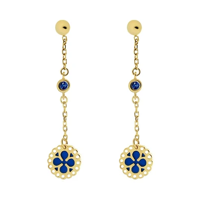 ARETES ORO 14K ESMALTE AZUL Y ZAFIRO