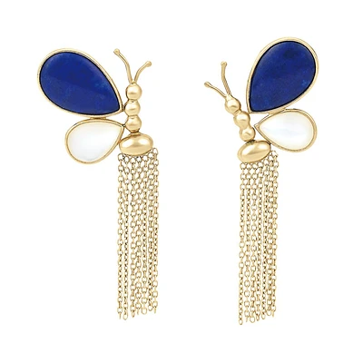 ARETES DAMA MARIPOSA AZUL ORO 14K PULIDO LAPISLAZULI Y MADREPERLA