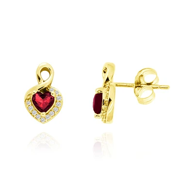 ARETES CORAZON ORO 14K CON 8 PUNTOS DE DIAMANTE Y 72 PUNTOS DE RUBI