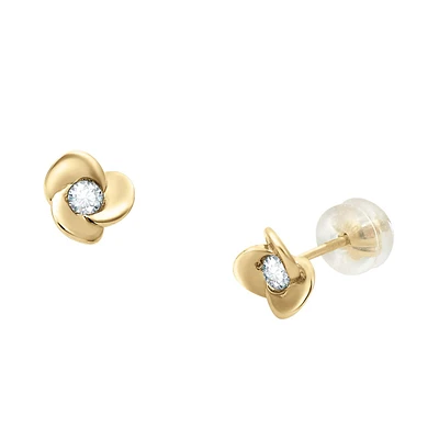 ARETES BROQUELES FLOR ORO AMARILLO 14K CON 14 PUNTOS DE DIAMANTE