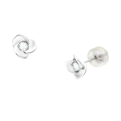 ARETES BROQUELES FLOR ORO BLANCO 14K CON 14 PUNTOS DE DIAMANTE