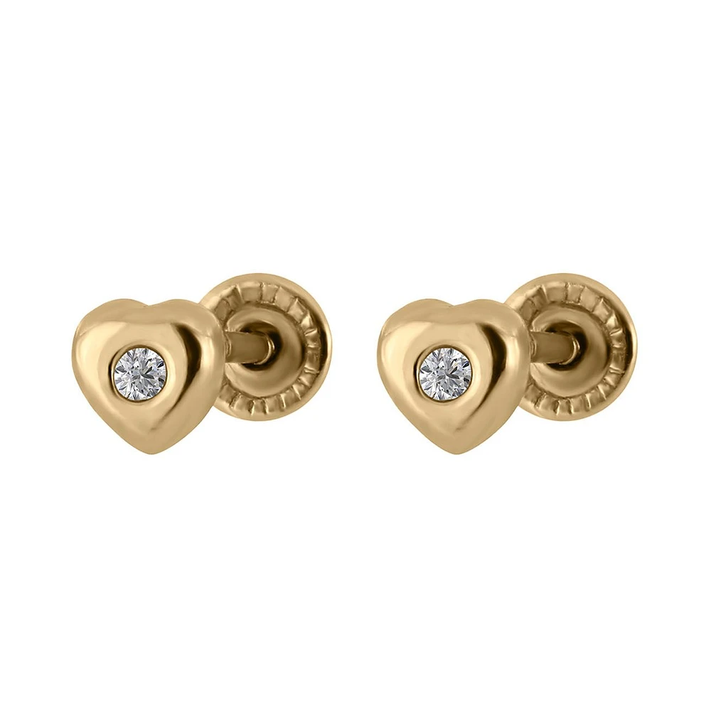 BROQUELES CORAZON ORO 14K CON 2 PUNTOS DE DIAMANTE