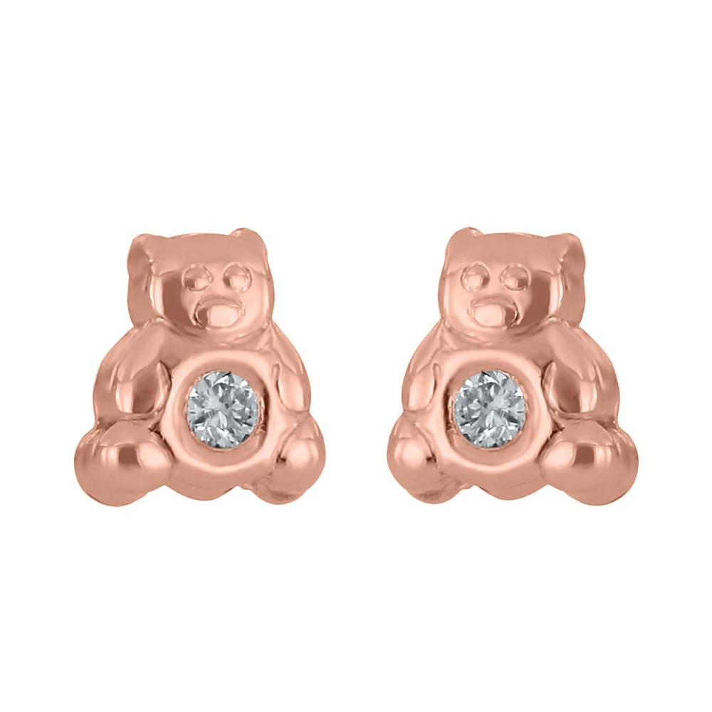 BROQUELES OSO ORO ROSA 14K CON 2 PUNTOS DE DIAMANTE