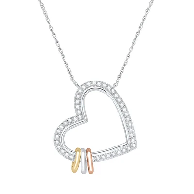 DIJE CORAZON CON AROS DE LA SUERTE ORO BLANCO, AMARILLO Y ROSA 14K CON 15 PUNTOS DE DIAMANTE