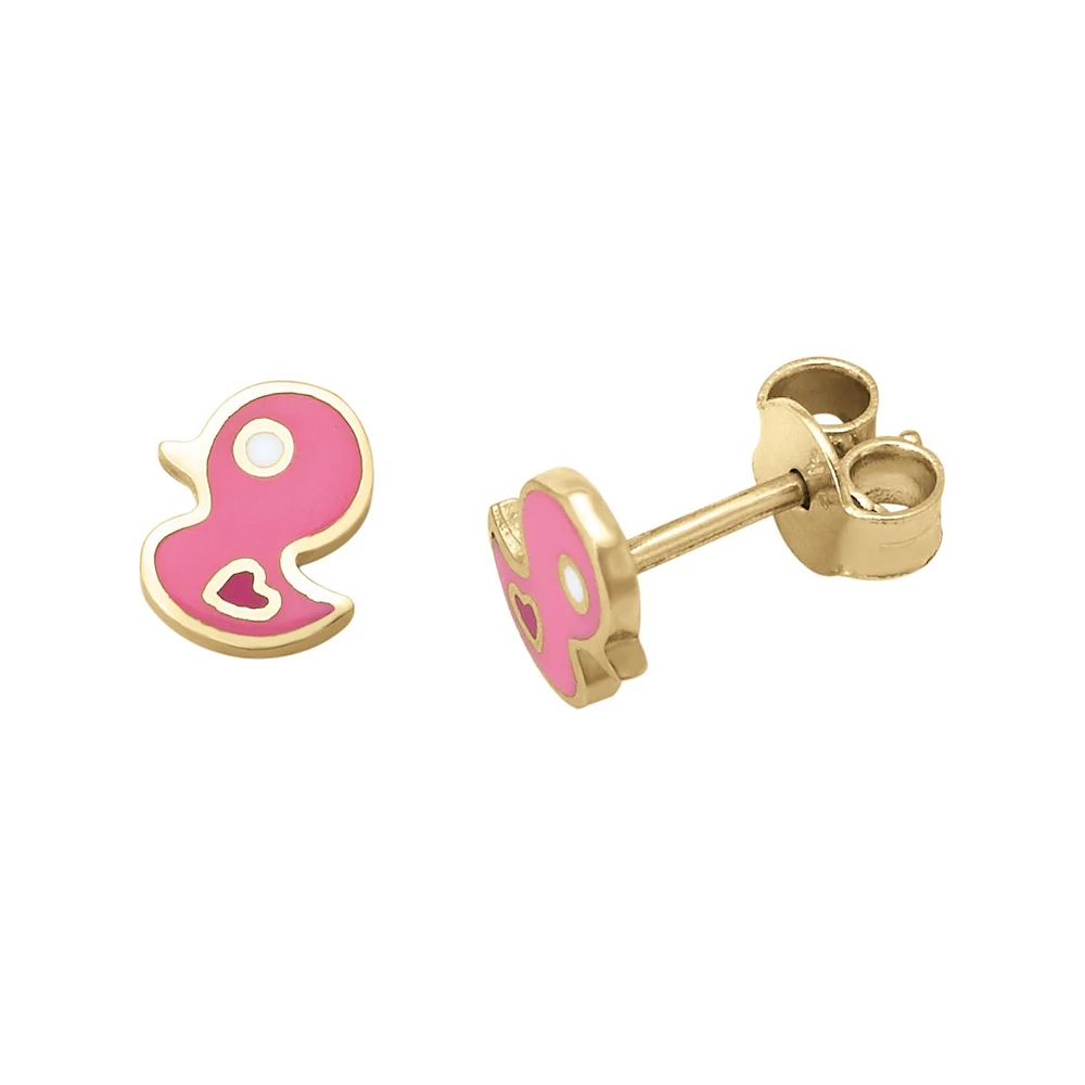 BROQUELES PARA NIÑA PATITOS EN ORO 14K CON ESMALTE ROSA