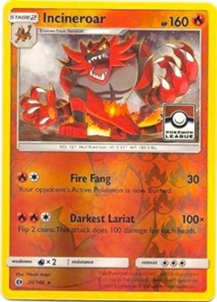 Incineroar - 26/149 - Pokemon League Promo