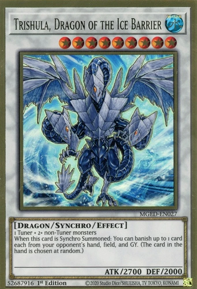 Trishula, Dragon of the Ice Barrier - MGED-EN027 - Premium Gold Rare - 1st Edition