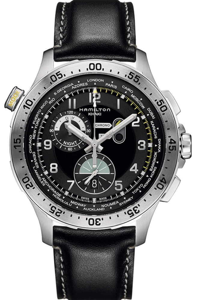 Khaki Aviation Black Dial 45MM Worldtimer Chronograph Quartz H76714735