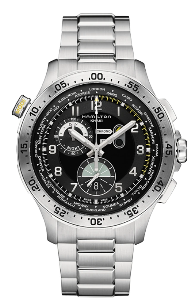 Khaki Aviation Black Dial 45MM Worldtimer Chronograph Quartz H76714135