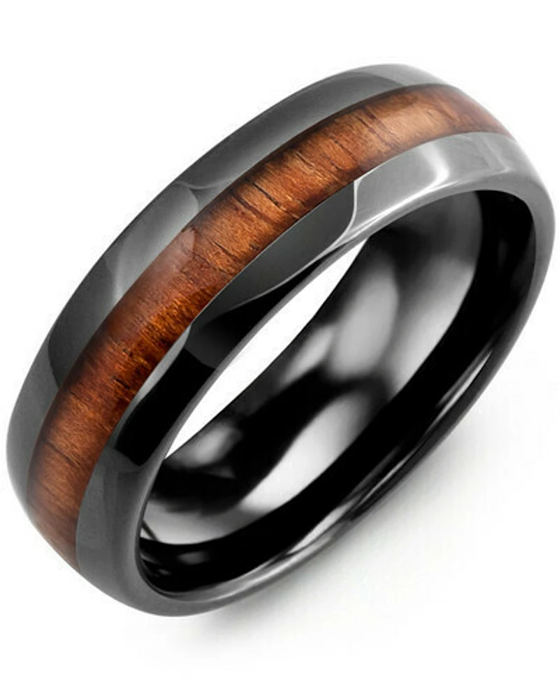 RHB - Men's Polished Dome Koa Wood Black Ceramic Wedding Band