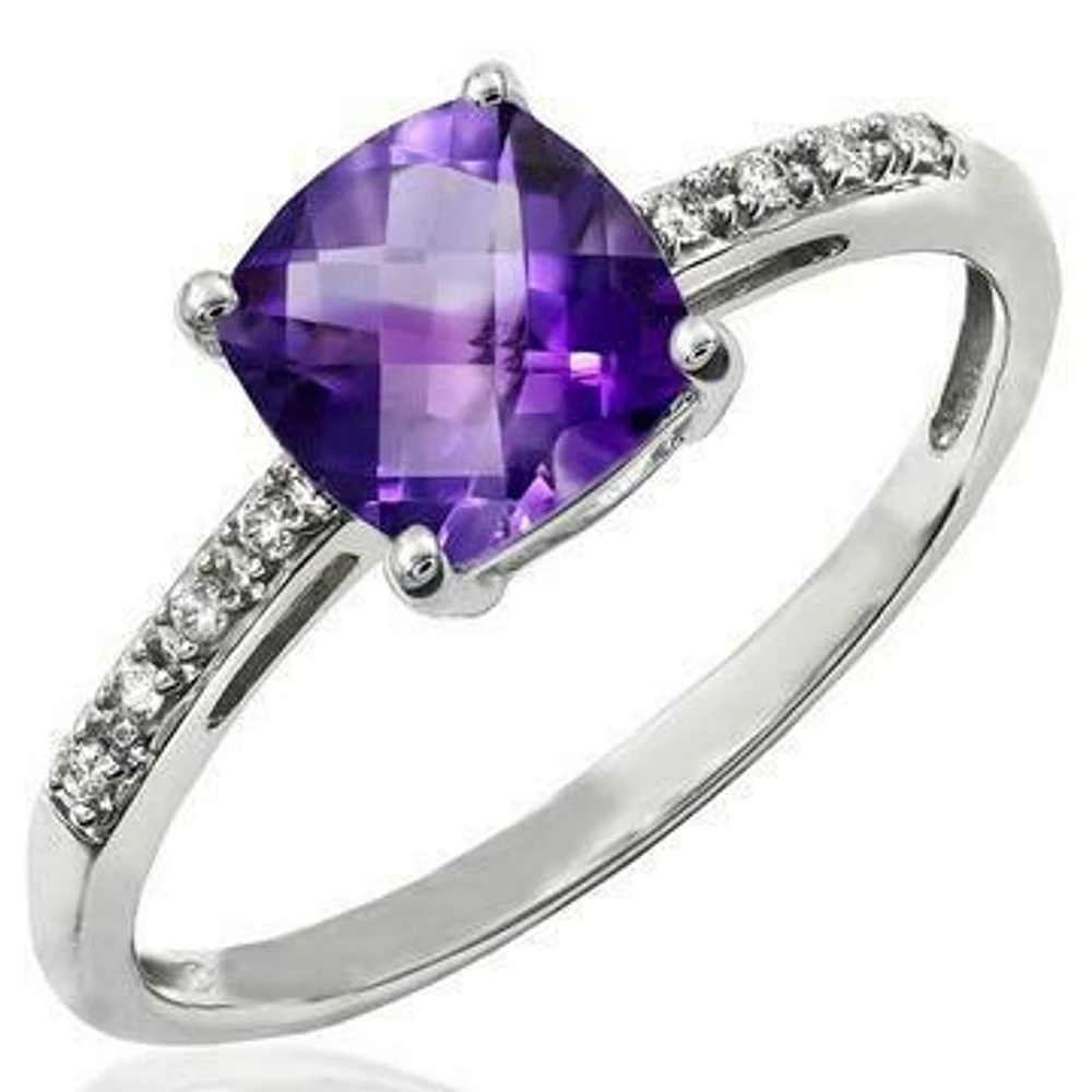 Cushion Amethyst Ring with Diamond Accent 14KT Gold