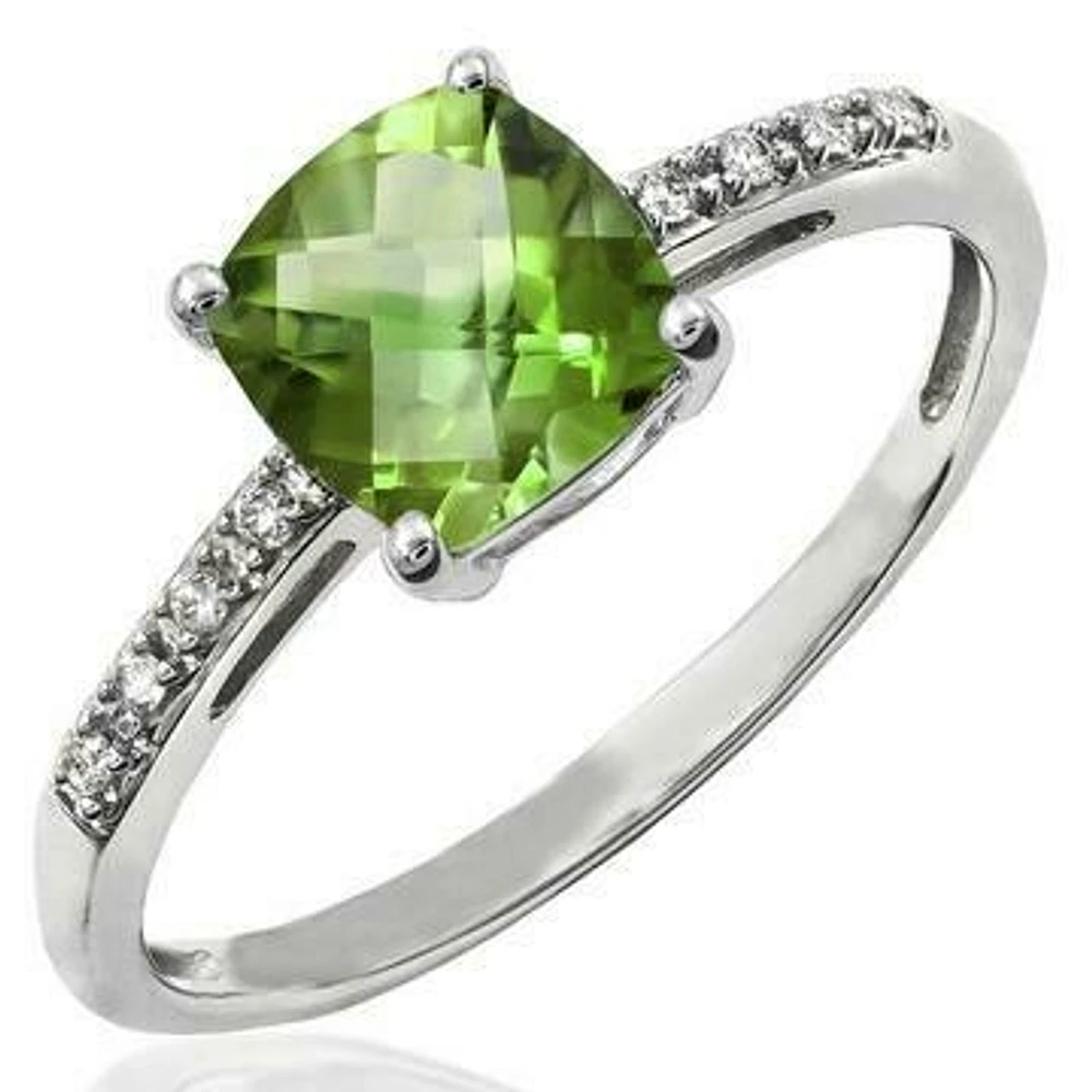 Cushion Peridot Ring with Diamond Accent 14KT Gold