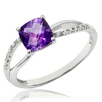 Cushion Amethyst Ring with Diamond Accent and Split Shoulders 14KT Gold