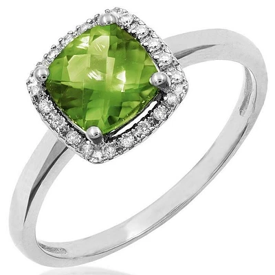 Cushion Peridot Ring with Diamond Halo 14KT Gold