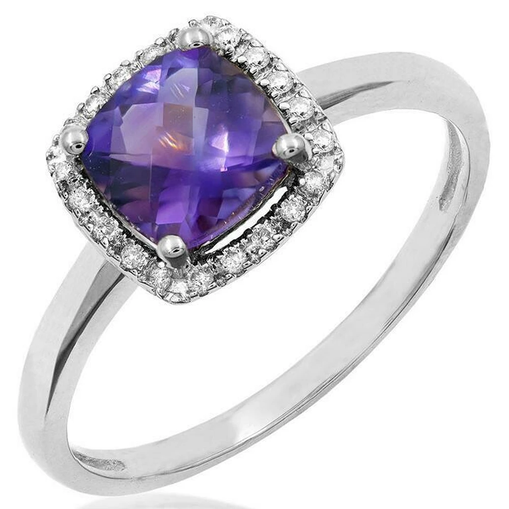 Cushion Amethyst Ring with Diamond Halo 14KT Gold