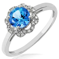 Blue Topaz Ring with Diamond Floral Halo 14KT Gold